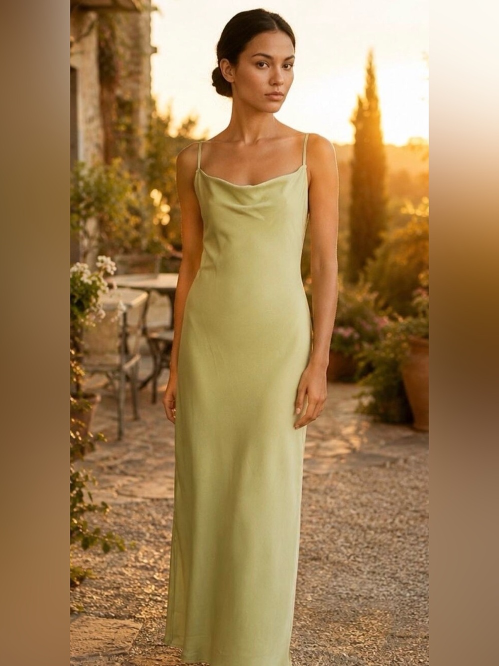 Dress Forum Silky Green Satin Look Cowl Neck Slip Dress L NWOT Dipped Back